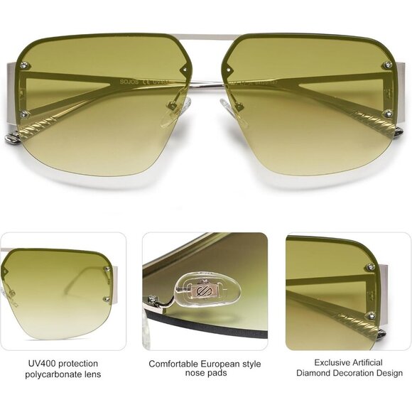 Trendy Aviator Sunglasses Mens Womens Retro Metal Rimless Green Tea Frame Shades - Picture 4 of 6